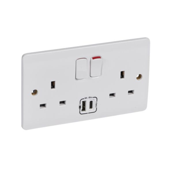 Synergy 2 Gang 13A Single Pole Switched Socket Outlet with USB Type-A and Type-C 3A Chargers White image 1