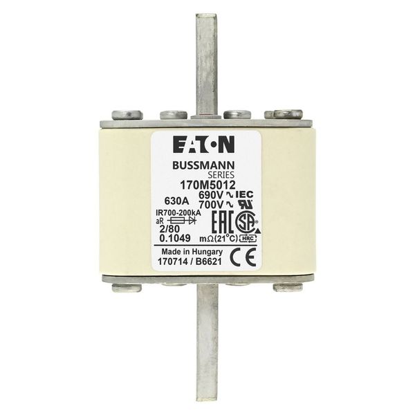 Fuse-link, high speed, 630 A, AC 690 V, DIN 2, 61 x 61 x 108 mm, aR, DIN, IEC, single indicator, 80 mm centres image 15