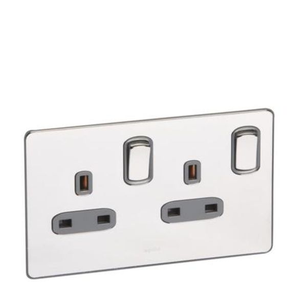 Synergy Sleek 2 Gang 13A Double Pole Switched Socket Outlet Polished Stainless Steel image 1