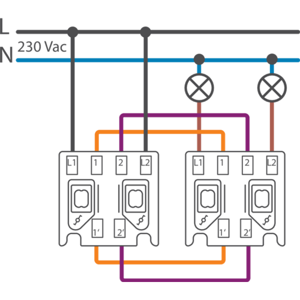 Base for a double two-way switch, 10 AX/250 Vac, plug-in terminals, sc image 1