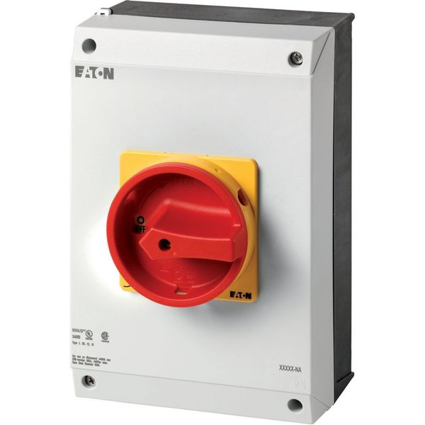 Main switch, P3, 63 A, surface mounting, 3 pole, 1 N/O, 1 N/C, Emergency switching off function, With red rotary handle and yellow locking ring, UL/CS image 8