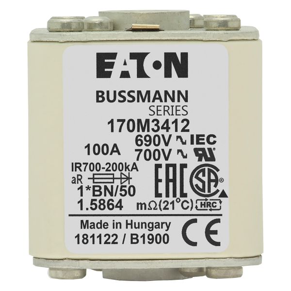 Fuse-link, high speed, 100 A, AC 690 V, compact size 1, 45 x 59 x 51 mm, aR, IEC, UL, visual indicator, flush end, M8 image 22