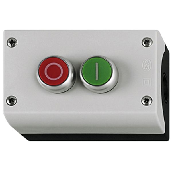 Compl. enclosure, 2 push-butt., 0/I,  red/green, 2 x 1NO+1NC image 1