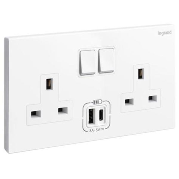 Galion - 2 gangs British Standard switched single pole socket outlet - 13A - with 3A type-A and type-C USB chargers - White image 1