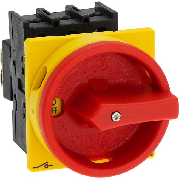 Main switch, P1, 32 A, flush mounting, 3 pole, Emergency switching off function, With red rotary handle and yellow locking ring, Lockable in the 0 (Of image 21