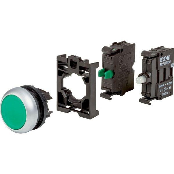 Illuminated pushbutton actuator, RMQ-Titan, flush, momentary, 1 NO, green, Blister pack for hanging image 1