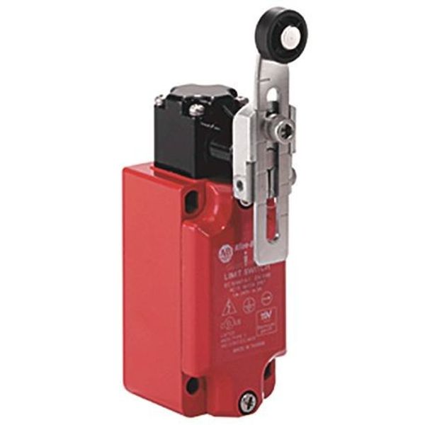 Allen-Bradley, 440P-MMHS11E, Safety Limit Switch, 30mm Metal, Short Lever Metal Roller, 1 N.C., 1 N.O., Snap Acting, 1/2 in NPT Conduit image 1