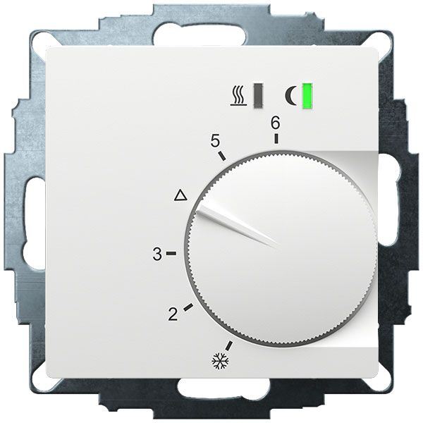 UP room controller, RAL9016 matt 55x55, 5-30C, AC 24V, triac output, switchable 5 actuators each 3W, change-over input, TA 3.5K, LED displays image 2