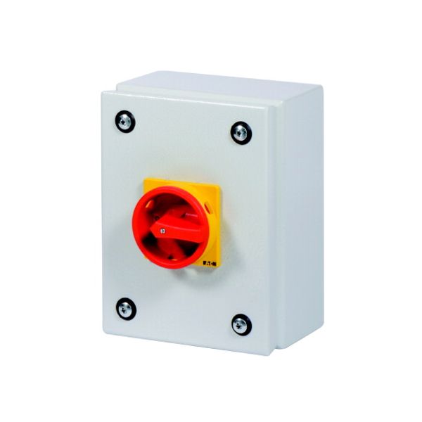 Main switch, P1, 32 A, surface mounting, 3 pole + N, Emergency switching off function, With red rotary handle and yellow locking ring, Lockable in the image 3