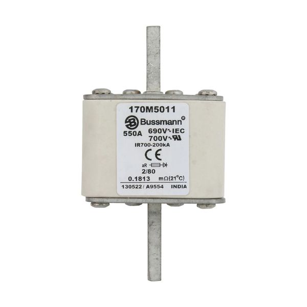 Fuse-link, high speed, 550 A, AC 690 V, DIN 2, 61 x 61 x 108 mm, aR, DIN, IEC, single indicator, 80 mm centres image 6