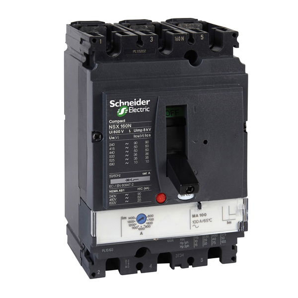 circuit breaker ComPact NSX160N, 50 kA at 415 VAC, MA trip unit 100 A, 3 poles 3d image 4