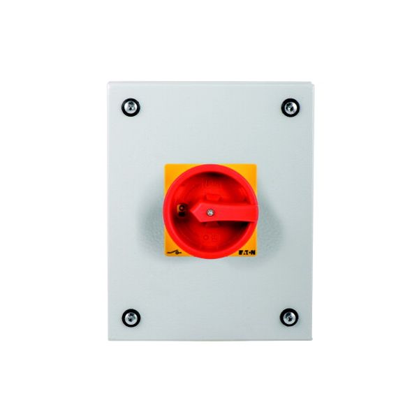 Main switch, P3, 63 A, surface mounting, 3 pole, Emergency switching off function, With red rotary handle and yellow locking ring, Lockable in the 0 ( image 1