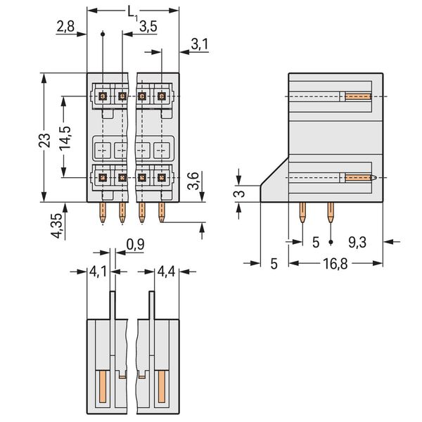 THT double-deck male header 1.0 x 1.0 mm solder pin angled light gray image 3