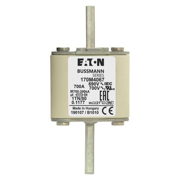 Fuse-link, high speed, 700 A, AC 690 V, DIN 1, 53 x 66 x 108 mm, aR, DIN, IEC, single indicator image 16