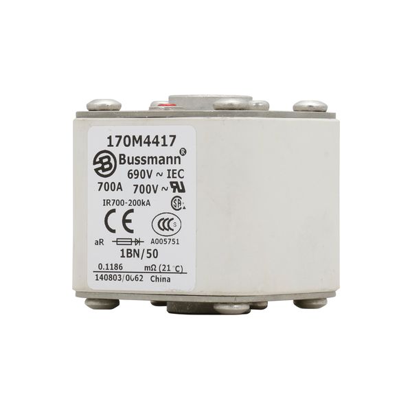 Fuse-link, high speed, 700 A, AC 690 V, size 1, 53 x 69 x 51 mm, aR, IEC, UL, single indicator, flush end, M8 image 12