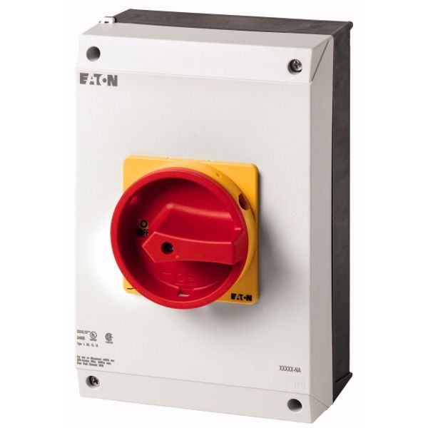 Main switch, T5B, 63 A, surface mounting, 3 contact unit(s), 3 pole + N, 1 N/O, 1 N/C, Emergency switching off function, With red rotary handle and ye image 1