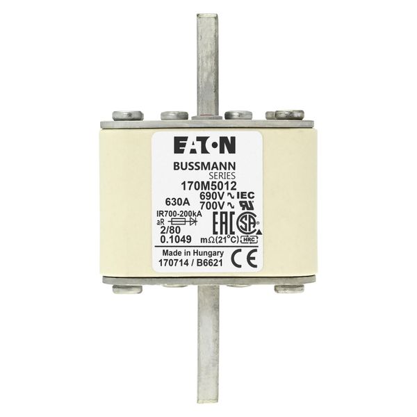 Fuse-link, high speed, 630 A, AC 690 V, DIN 2, 61 x 61 x 108 mm, aR, DIN, IEC, single indicator, 80 mm centres image 7