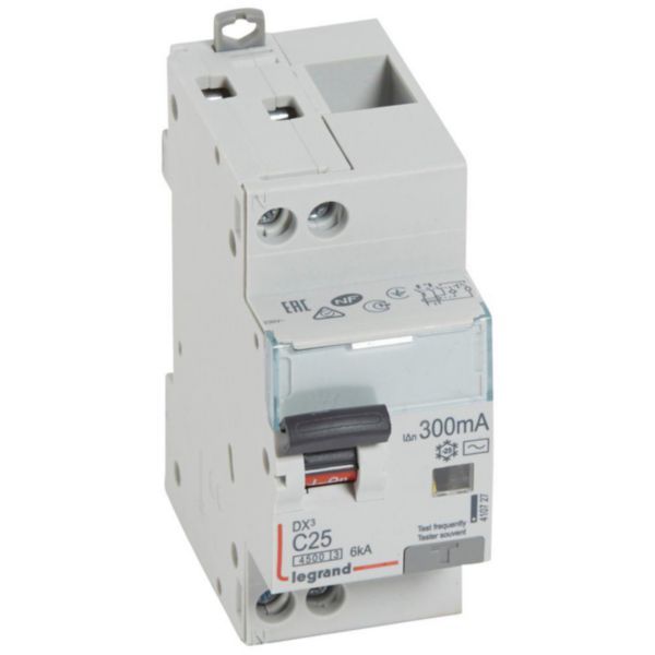 Differential circuit breaker DX³4500 high inlet and low outlet screw U+N 230V~ - 25A typeAC 300mA - curve C - 2 modules image 1