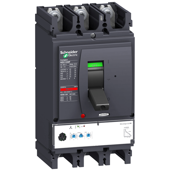 circuit breaker ComPact NSX630H, 70 kA at 415 VAC, MicroLogic 2.3 M trip unit 500 A, 3 poles 3d image 4
