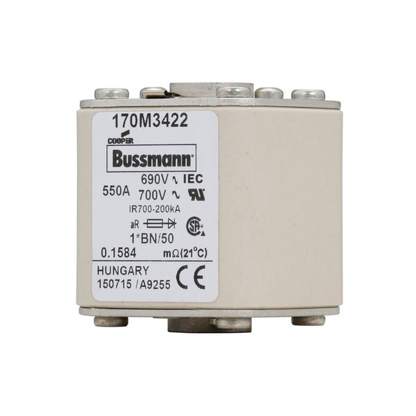 Fuse-link, high speed, 550 A, AC 690 V, compact size 1, 45 x 59 x 51 mm, aR, IEC, UL, single indicator image 2