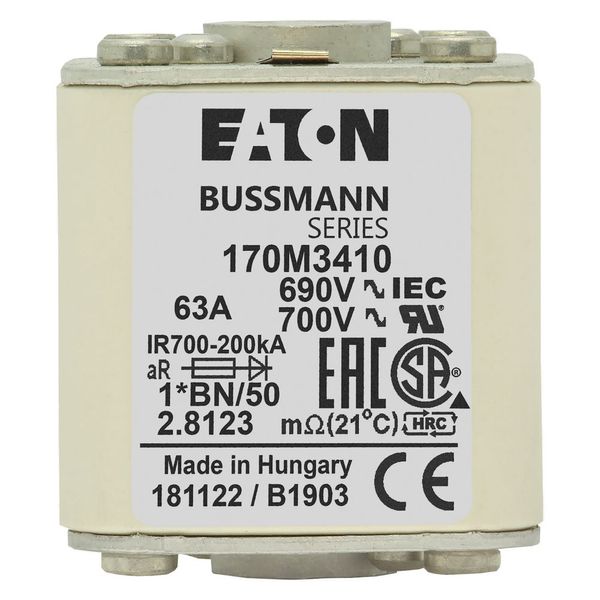 Fuse-link, high speed, 63 A, AC 690 V, compact size 1, 45 x 59 x 51 mm, aR, IEC, UL, single indicator, flush end, M8 image 25