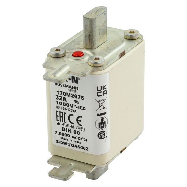 Fuse-link, high speed, 32 A, AC 1000 V, DIN 00, aR, DIN, IEC, single indicator, live gripping lugs image 10