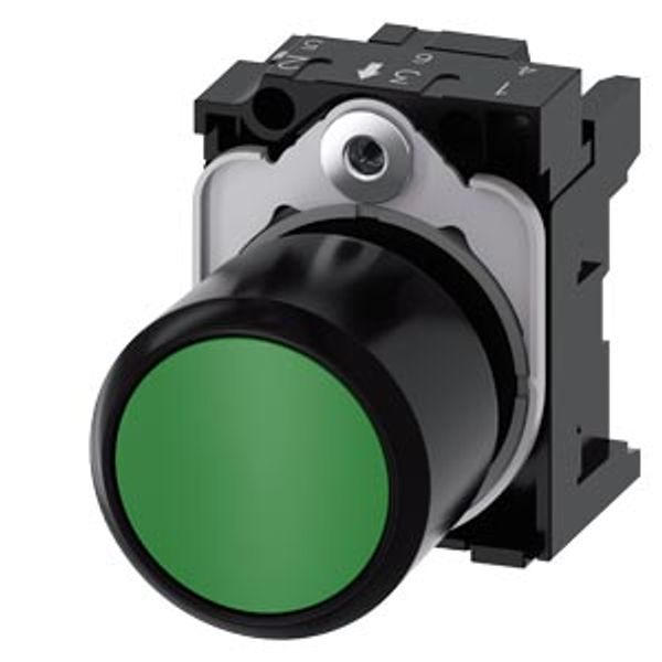 Pushbutton, compact, with extended stroke (12 mm), 22 mm, round, plastic, green, pushbutton, flat, momentary .... 3SU1200-0EB40-0AA0-Z Y13 image 1