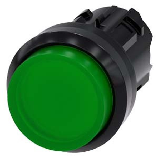 Illuminated pushbutton, 22 mm, round, plastic, green, pushbutton, raised momentary contact type, with laser labeling, upper case image 1