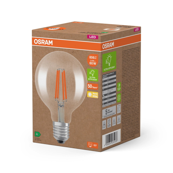 OSRAM LED Classic Lamp, Ball Shape, Transparent, 3.8W, 806lm, E27 image 1