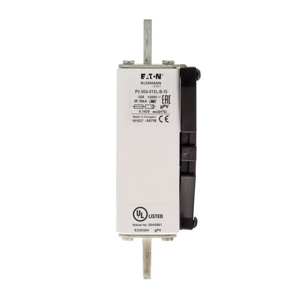 Fuse-link, high speed, 50 A, DC 1500 V, 01XL, 43 x 193 mm, gPV, IEC, UL, with indicator, bolted image 22