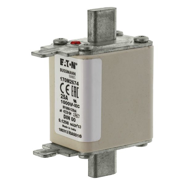 Fuse-link, high speed, 25 A, AC 1000 V, DIN 00, aR, DIN, IEC, single indicator, live gripping lugs image 16