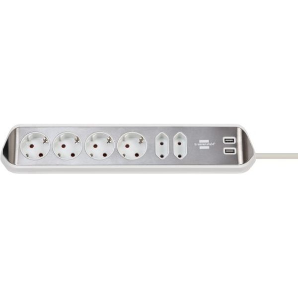 brennenstuhl®estilo corner extension lead with USB charging function 6-way 4x earthed sockets & 2x Euro silver/white image 1