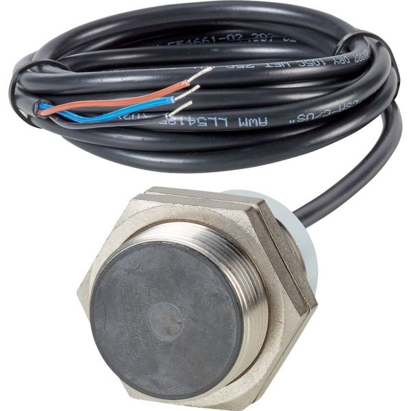 Proximity switch, E57P Performance Short Body Serie, 1 NC, 3-wire, 10 – 48 V DC, M30 x 1.5 mm, Sn= 10 mm, Flush, NPN, Stainless steel, 2 m connection image 1