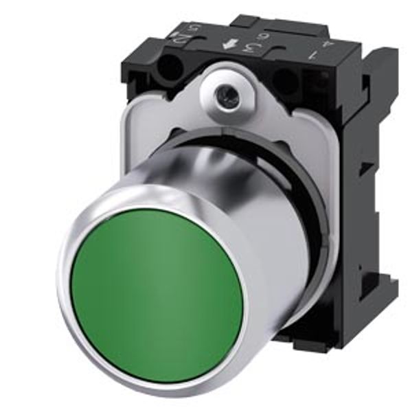 Pushbutton, compact, with extended stroke (12 mm), 22 mm, round, Metal, green, pushbutton, flat, momentary .... 3SU1250-0EB40-0AA0-Z Y13 image 2