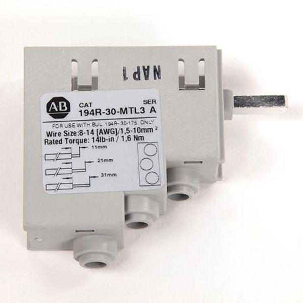 Allen-Bradley 194R-30-MTL3 Terminal Lugs, Multi-Tap, 194R, 30 A, For 194R-C30 -J30 and 194R-N30 Switches, Load Side Only, Accepts 3 No. 14...4 AWG or 3 0.-25 Squaremm Cables, Package Quantity 1 image 1