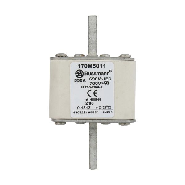 Fuse-link, high speed, 550 A, AC 690 V, DIN 2, 61 x 61 x 108 mm, aR, DIN, IEC, single indicator, 80 mm centres image 7