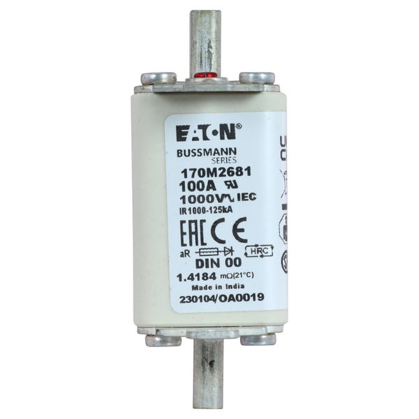 Fuse-link, high speed, 100 A, AC 1000 V, DIN 00, aR, DIN, IEC, single indicator, live gripping lugs image 20