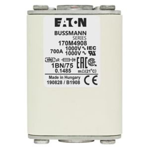 Fuse-link, high speed, 700 A, AC 1000 V, size 1, 53 x 53 x 75 mm, aR, IEC, single indicator image 3