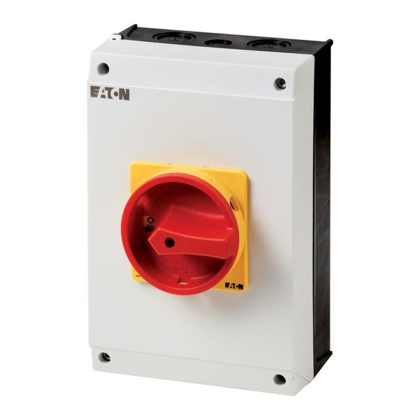 Main switch, T5B, 63 A, surface mounting, 1 contact unit(s), 2 pole, Emergency switching off function, With red rotary handle and yellow locking ring, image 4