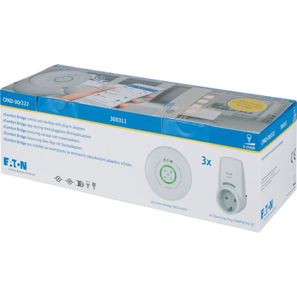 Wireless xComfort Bridge package, 3 Smart Dimming Plug-In Adapters, 0-250W, 230VAC, R/L/C/LED, Schuko, Traffic white image 5