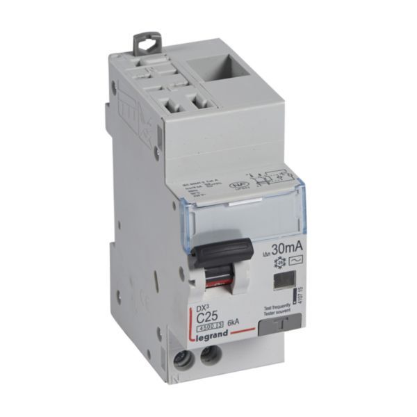 Differential circuit breaker DX³4500 automatic high inlet and low outlet U+N screw 230V~ - 25A typeAC 30mA - 2 modules image 1