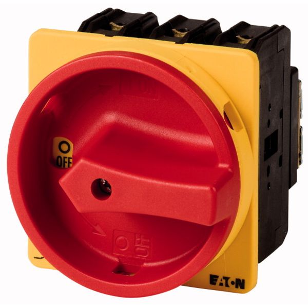 Main switch, P3, 100 A, flush mounting, 3 pole, Emergency switching off function, With red rotary handle and yellow locking ring, Lockable in the 0 (O image 1