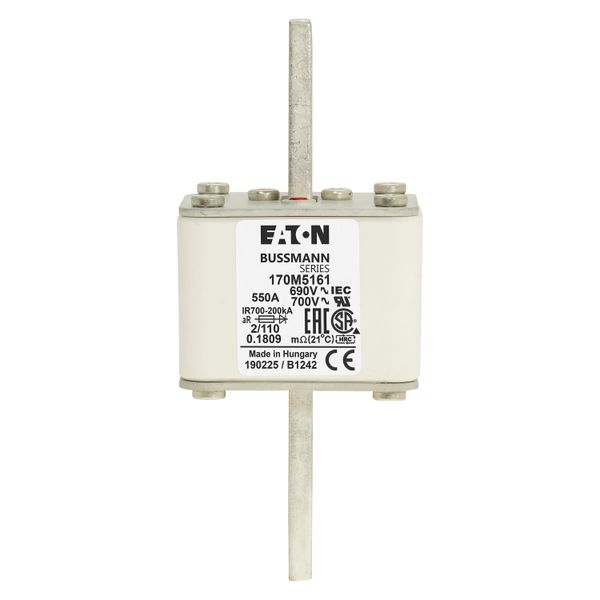 Fuse-link, high speed, 550 A, AC 690 V, DIN 2, 61 x 61 x 108 mm, aR, DIN, IEC, single indicator, 110 mm centres image 16