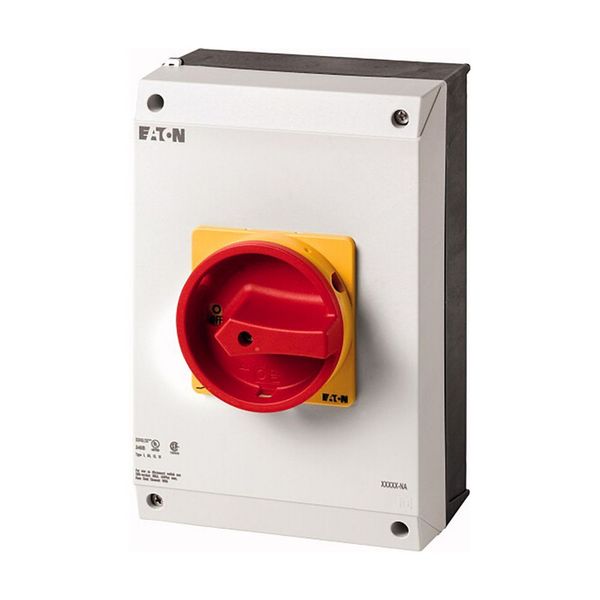 Main switch, P3, 100 A, surface mounting, 3 pole, 1 N/O, 1 N/C, Emergency switching off function, With red rotary handle and yellow locking ring, UL/C image 5