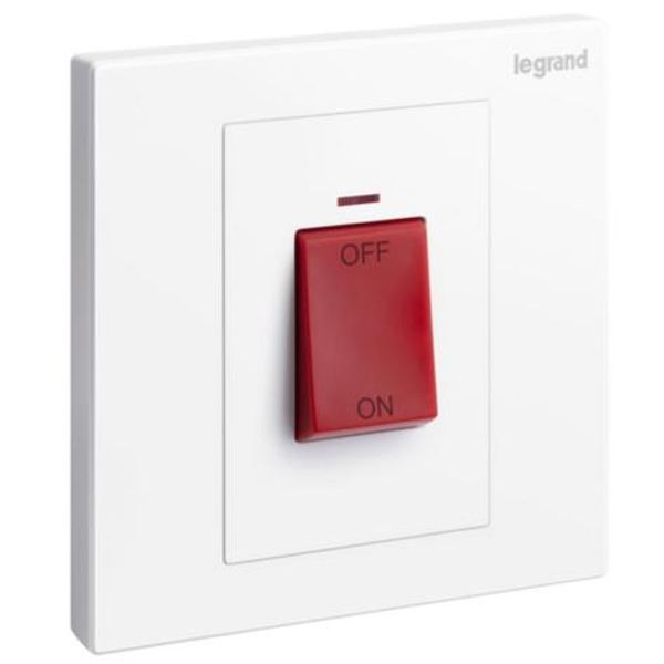 Galion - 1 gang double pole 45A switch with red power indicator and red rocker - White image 1