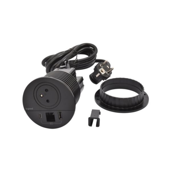 Incara Disq 80 2P+E Surface socket, USB Type-A+C charger, 2m cord cable outlet with 2P+E plug - black Ø80mm image 1