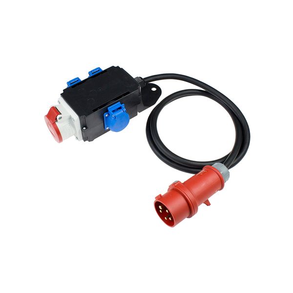 MIXO Adapter Input: 2m H07RN-F 5G2,5 with CEE plug 400V / 16A / 5-pole / 6h output: 1 x CEE socket 400V / 16A / 5-pole with hinged lid 3 x earthed socket 230 V / 16 with hinged lid 400V / 16A / max. 11kW image 1