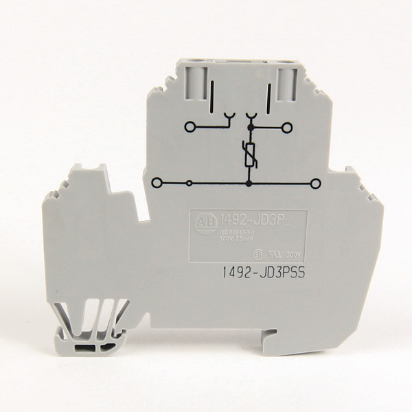 Allen-Bradley 1492-JD3PSS Terminal Block, Screw Connection, Two Circuit Selectable Component Plug-In with Internal Surge Suppressor, 5.1 x 72.5 x 59.3mm(0.20 x 2.85 x 2.33 in), 1 Pole, Gray, VOLTAGE RATING UR - 300V AC/DC, CSA - 300V AC/DC image 1