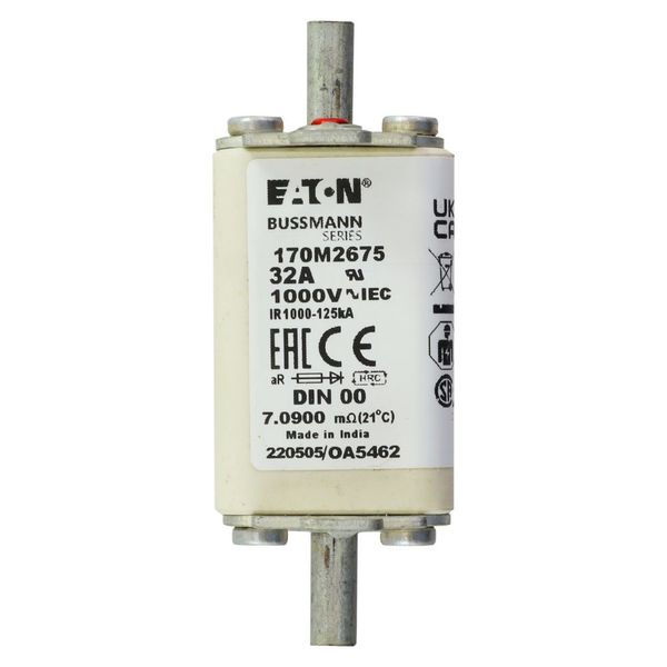 Fuse-link, high speed, 32 A, AC 1000 V, DIN 00, aR, DIN, IEC, single indicator, live gripping lugs image 8