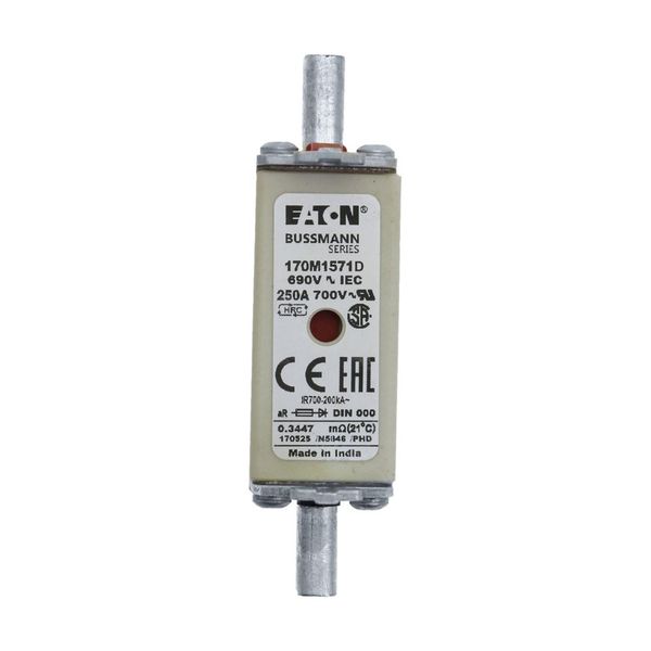 Fuse-link, high speed, 250 A, AC 690 V, DIN 000, aR, DIN, IEC, dual indicator, live gripping lugs image 7